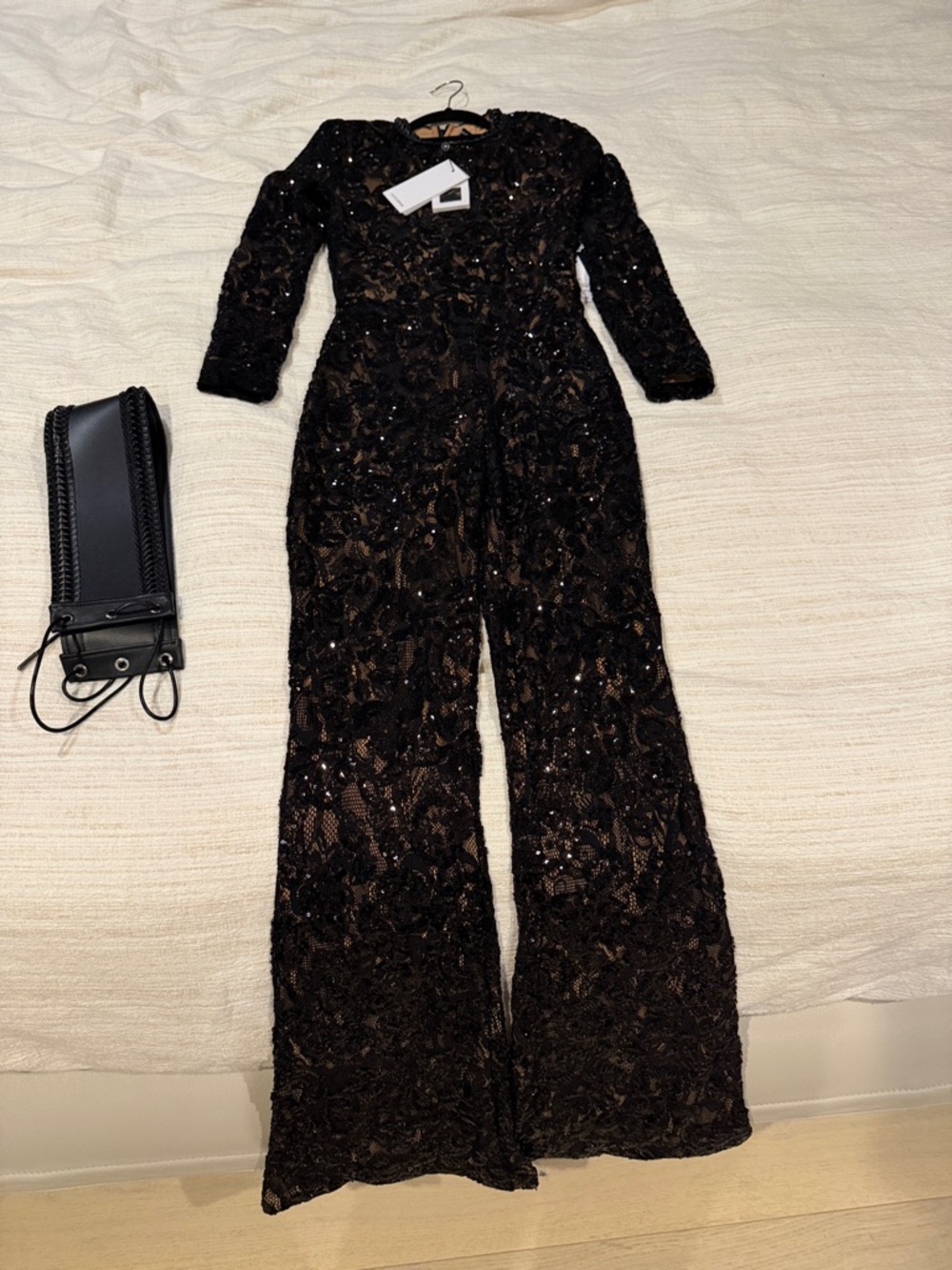 NADINE MERABI Black Sequin Lace Flared Jumpsuit - Picture 3 of 7